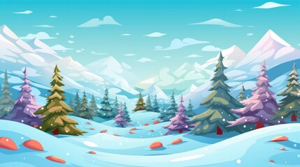 Snowy Mountain Landscape with Evergreen Trees