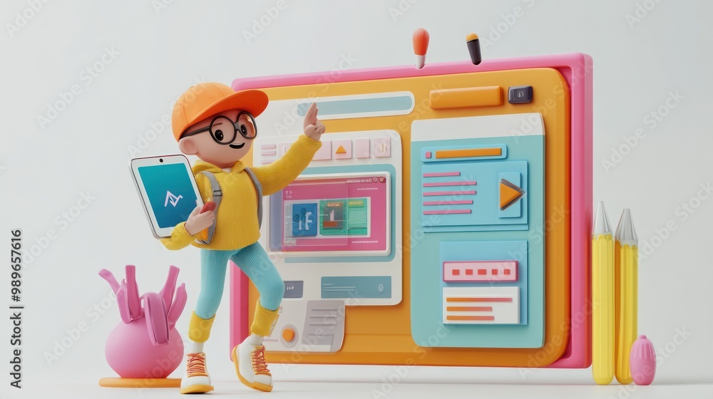Poster a cheerful character with a backpack and tablet stands beside a colorful digital interface.