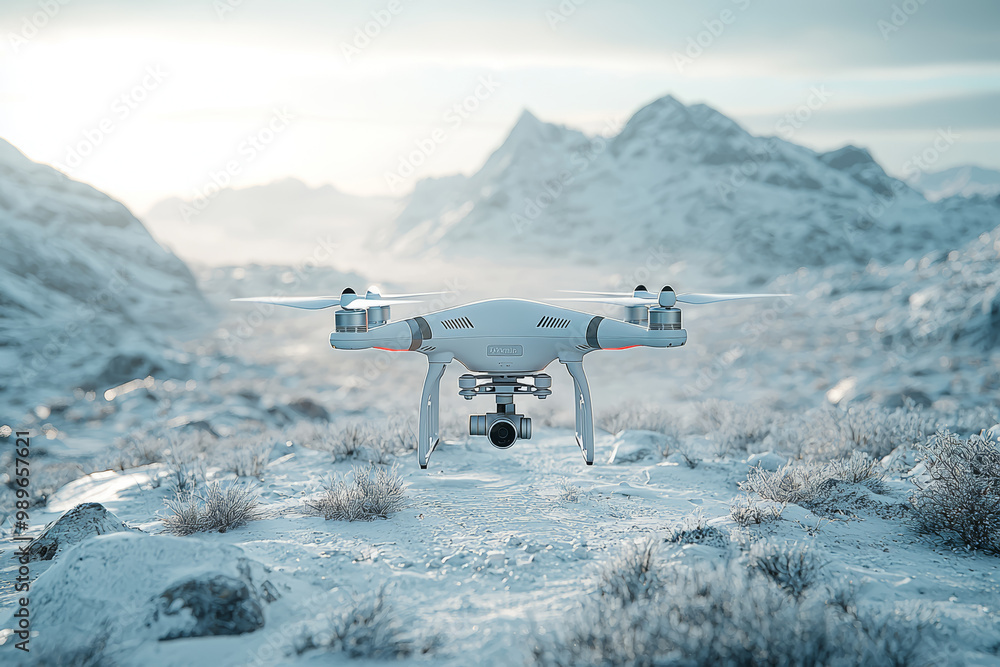 Poster a drone collecting data from a remote environmental site. concept of innovative field research techn