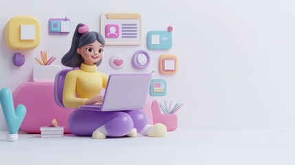 Obraz premium A cartoon character working on a laptop in a colorful, creative workspace.