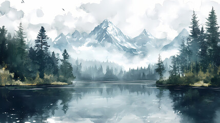 Naklejka premium Watercolor mountain landscape clipart, forest lake background clip art, summer nature painting image, sublimation design. Mountain Lake. Illustration