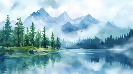 Fototapeta premium Watercolor mountain landscape clipart, forest lake background clip art, summer nature painting image, sublimation design. Mountain Lake. Illustration