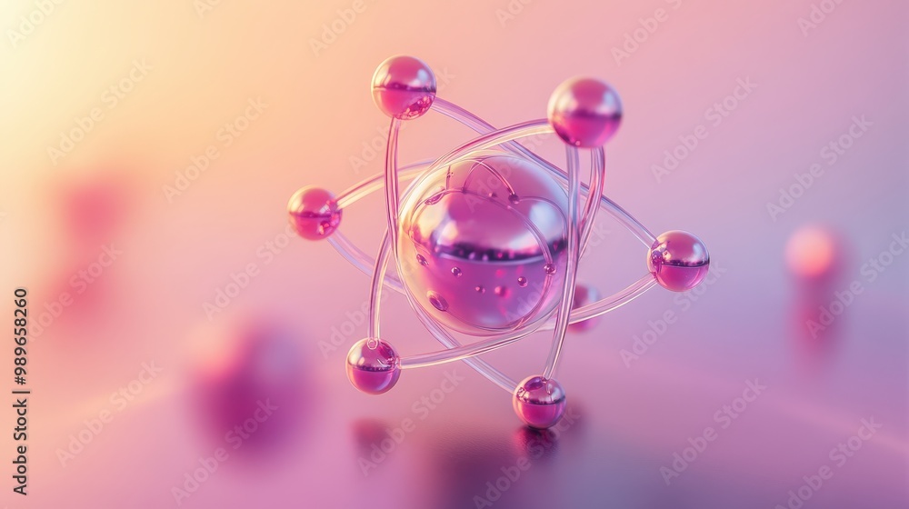 Aufkleber quantum atomic structure - 3d atom model with orbiting electrons on pastel background