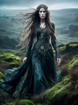 The Morrigan celtic goddess if war fate and death as a beautiful pale woman in a black dress in misty moorland