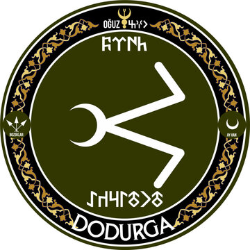 Oguz Boyu. The 24 emblem of Turkish Oguz tribes. 
Turkish Written by Oguz, Turk, 
Dun Arrows, Moon Khan
and his tribe name Dodurga