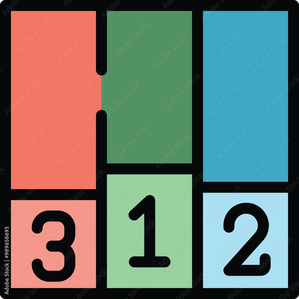 Poster colorful puzzle pieces forming a square with the numbers 1, 2 and 3 inside, ideal for concepts such 