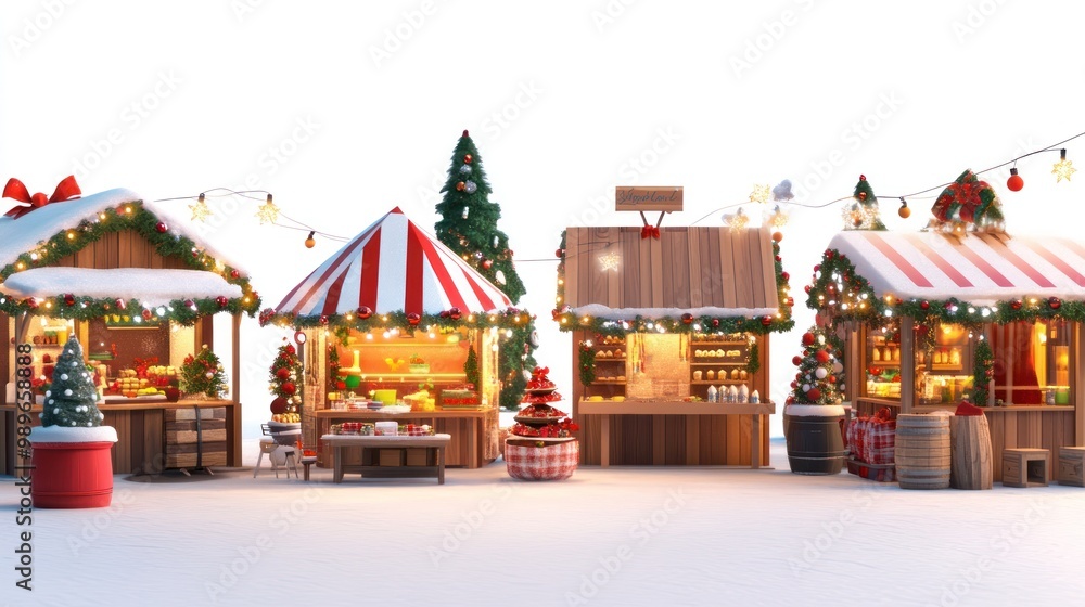 Poster A festive winter market scene with decorated stalls, lights, and Christmas trees.