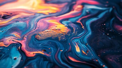 Colorful rainbow oil stain in a puddle close up
