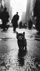 Obraz premium Sad kitten walks along the road in the city