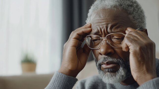 Senior black man suffering from severe headache close up, black man holding his head from fatigue or glaucoma
 - Powered by Adobe