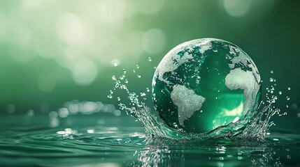 Model of a globe or planet falling on water surface with splashes in green colors, theme of green planet, recycling and taking care of the planet with space for text or inscriptions
