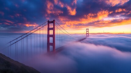 Fototapeta premium Beautiful raspberry foggy sunrise or sunset over a beautiful big red popular bridge with space for text or inscriptions 