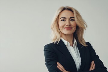 Confident Businesswoman in a Tailored Suit Poses With Arms Crossed Against a Neutral Background
