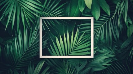 A rectangular frame surrounded by lush green palm leaves, creating a natural aesthetic.