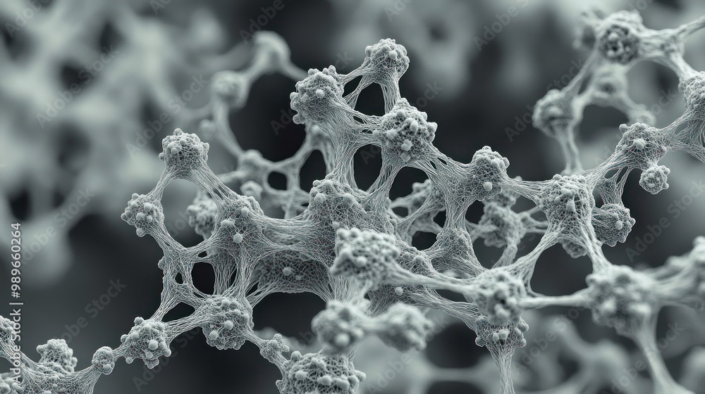 Poster abstract representation of a complex network of interconnected structures at a microscopic level.
