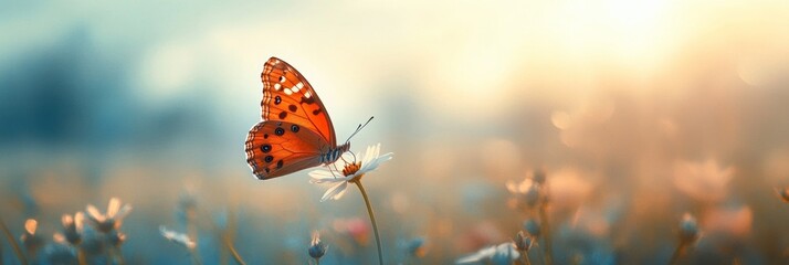 Butterfly on Petal, a delicate butterfly perched gracefully on a vibrant petal, soft meadow hues blending into the background, evoking tranquility