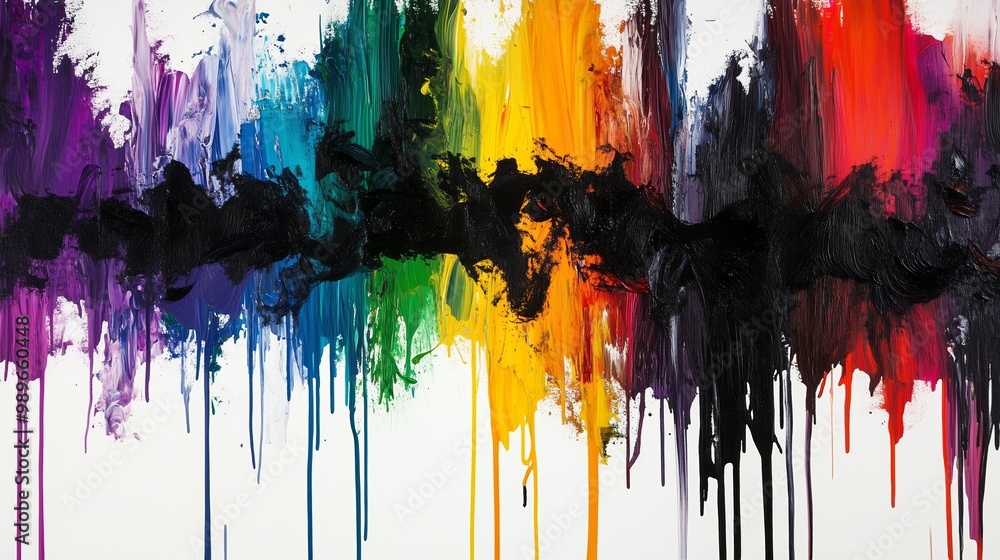Poster vibrant abstract artwork featuring an array of colors blending with dramatic black streaks on a whit