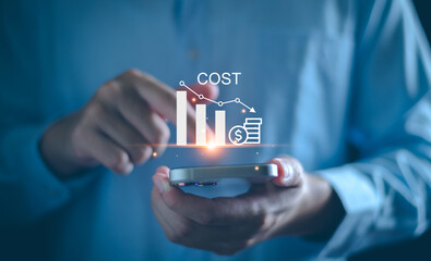 Cost reduction concept. Cost and save money, business strategy and project management. Businessman with quality control growth graph, cost reduction, effective business and cut budget.
