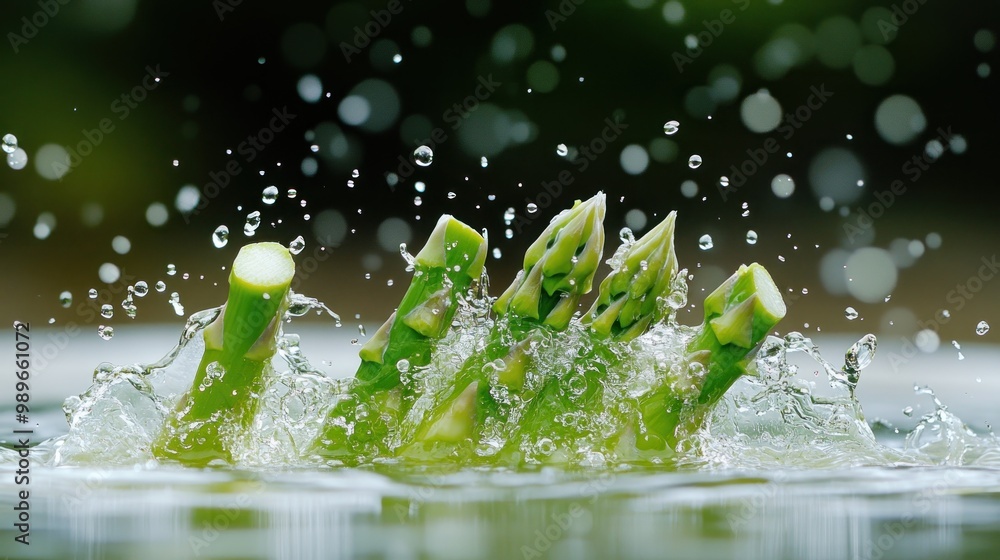 Poster fresh asparagus spears splashing into water, creating dynamic droplets.