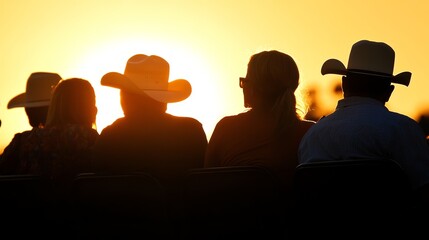 Fototapeta premium Silhouetted rodeo audience against the backdrop of a stunning late afternoon sun, capturing the excitement and energy of live equestrian events in a vibrant outdoor setting