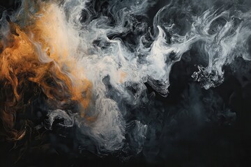 Abstract Swirling White and Orange Smoke Against Black Background