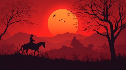 Stunning vector illustration of a wild west landscape featuring open plains, majestic mountains, and a vibrant sunset, embodying the essence of adventure and freedom in the American frontier
