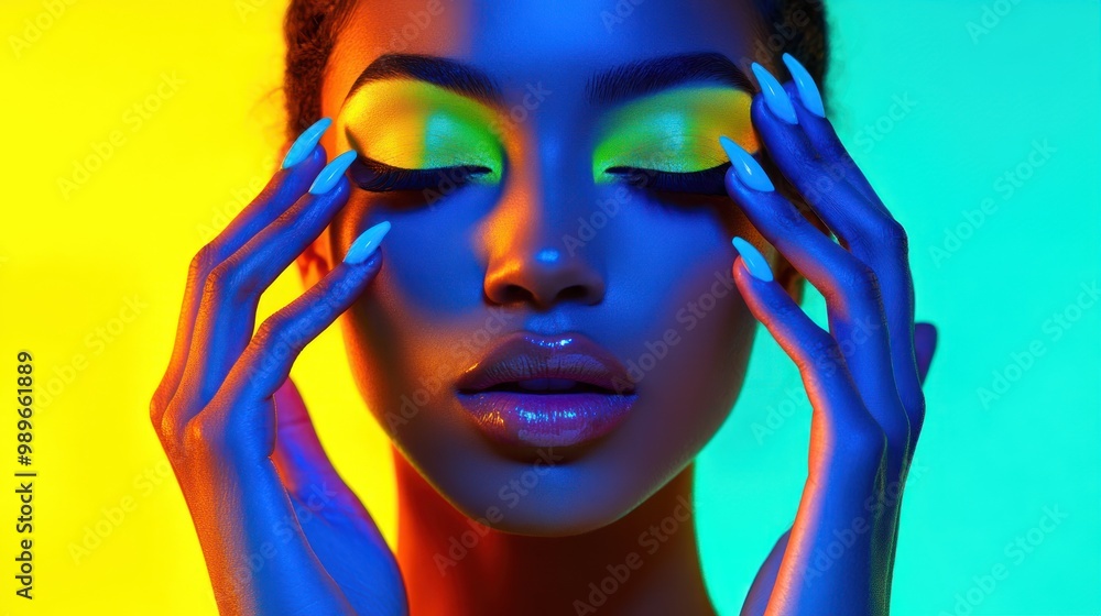 Canvas Prints A striking portrait of a model with vibrant makeup against a colorful background.