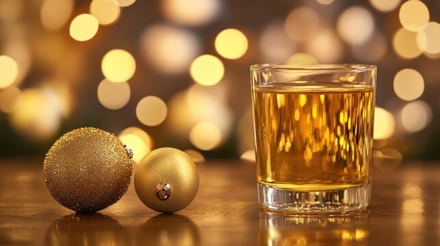 A festive scene featuring a glass of whiskey beside decorative Christmas ornaments.