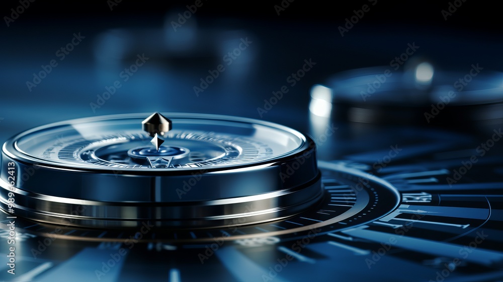 Wall mural a close-up view of a compass resting on a dark surface in a well-lit room at dusk