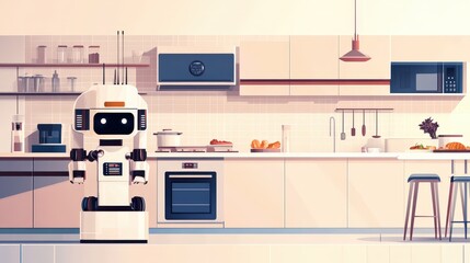 Modern AI Robot Cooking in Contemporary Kitchen - Vector Illustration with Pastel Background