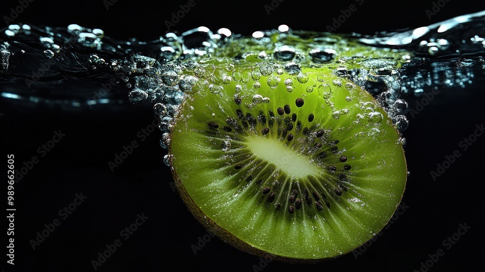 Poster a slice of kiwi submerged in water, creating bubbles and a refreshing visual effect.