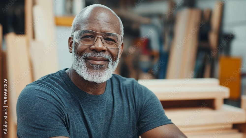 Poster a man with a beard and glasses is smiling in a workshop