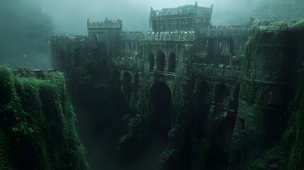 Fototapeta premium A dark and eerie fortress, its ring-shaped walls covered in vines, towers rising menacingly from the outer walls, with a deep, shadowy moat encircling the structure