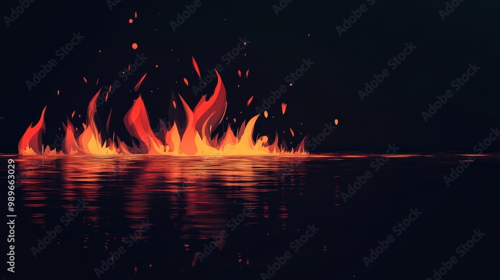 Poster dynamic minimalist vector fire flames with reflective elements on dark background