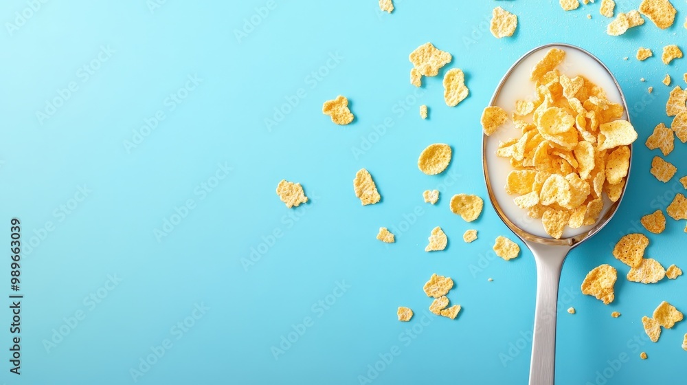 Poster colorful cereal and milk spoon template on gradient background with copy space in flat vector style