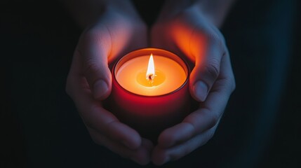 Cropped image of hands gently covering a glowing candle, creating a warm and inviting atmosphere against a dark black background, symbolizing tranquility, peace, and intimacy in a serene setting