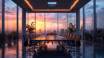 Fototapeta premium A stunning conference room with a panoramic sunset view, featuring modern design and spacious seating, perfect for meetings and collaborations.