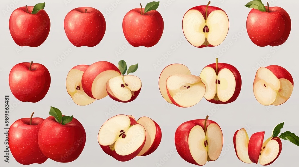 Aufkleber fresh red apples collection in flat vector style on transparent background - whole, sliced, and cut 