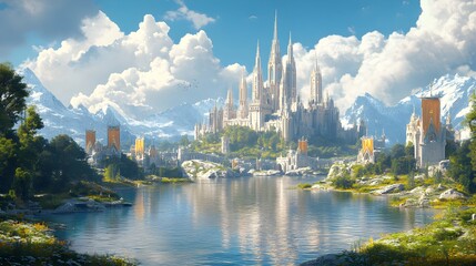 Obraz premium A fantasy fortress in a perfect ring shape, with towering spires and shimmering banners, a crystal-clear moat reflecting the sky, surrounded by lush greenery
