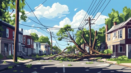 Obraz premium A city street shows the aftermath of a severe thunderstorm with fallen trees and power lines