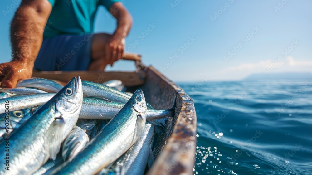 Poster a man is sitting in a boat with a large number of fish in it
