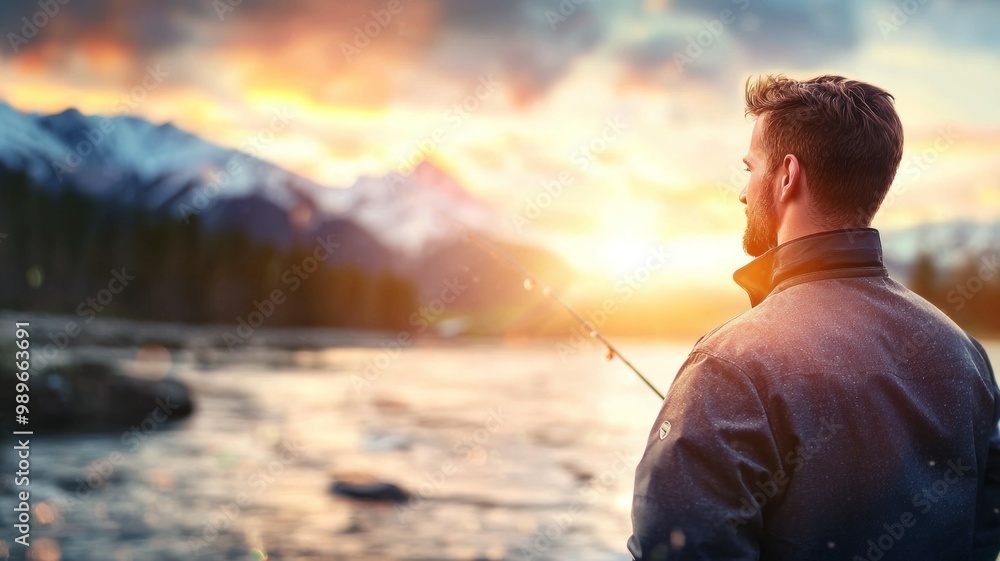 Canvas Prints A man is fishing in a lake with a beautiful sunset in the background