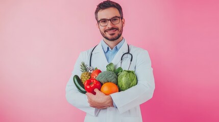 Modern Doctor Presenting Fresh Produce for Food Sensitivity Testing on Pastel Background
