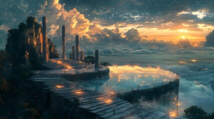 Fototapeta premium A fantasy-style circular temple with crystal-clear glass walls, reflecting a cloudy sky, creating a dreamlike environment, the temple glowing softly from within