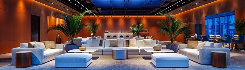 A modern lounge area featuring stylish seating, vibrant lighting, and greenery, creating a cozy and inviting atmosphere.