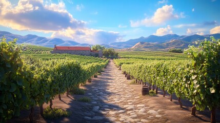 Naklejka premium Beautiful vineyard landscape with lush grapevines, cobblestone path, and panoramic view of rolling hills under a clear sky during sunset, showcasing nature's tranquility.