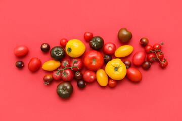 Different fresh tomatoes on red background
