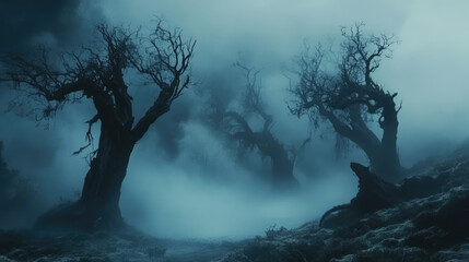 A spooky, mist-filled night, with fog winding through the silhouettes of old, twisted trees.