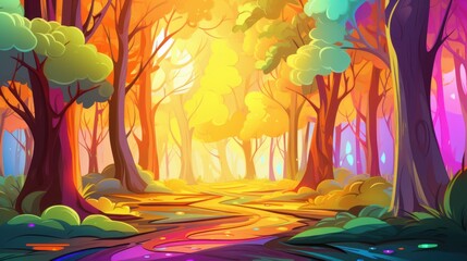 A Colorful Path Through a Sunlit Forest