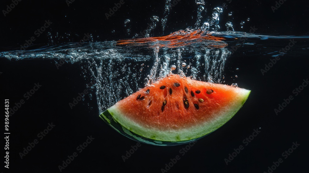 Poster a slice of watermelon splashes into water, creating dynamic bubbles and ripples.